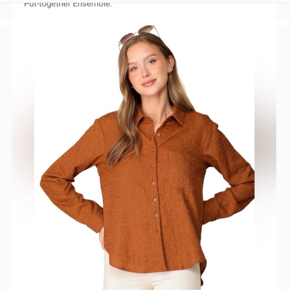 Rust Colored Textured Long Sleeve Button Down Shirt from LUMIERE